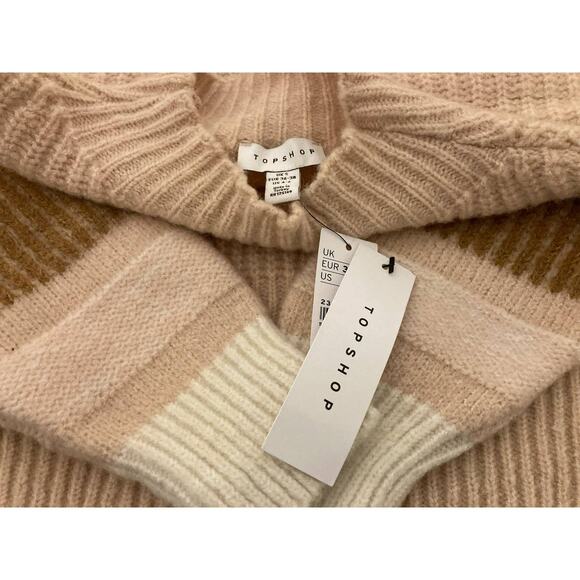 Topshop Womens Pullover Fuzzy Mock Knit Sweater Sz 4-6 Tan/Cream/Pink Stripe NWT - Picture 6 of 8